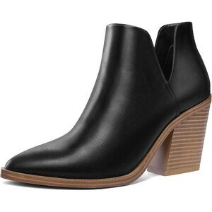 Mysoft Women's Black Pu Chunky Mid Heel Slip on Pointed Toe Stacked Ankle Boots
